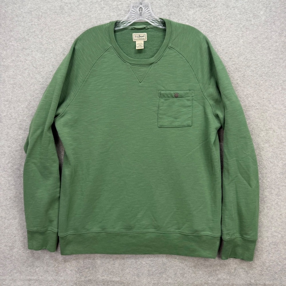 LL Bean Sweatshirt Mens Large Green Pocket Slub Raglan Crew Lake Washed 516816